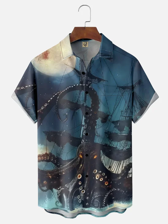 Moisture-Wicking Ombre Abstract Octopus Sailboat Chest Pocket Hawaiian Shirt
