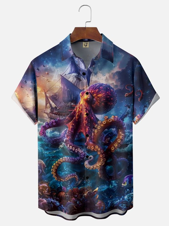 Moisture Wicking Deep Sea Octopus Chest Pocket Hawaiian Shirt