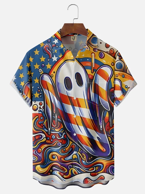 Moisture Wicking Halloween Ghost American Flag Chest Pocket Hawaiian Shirt