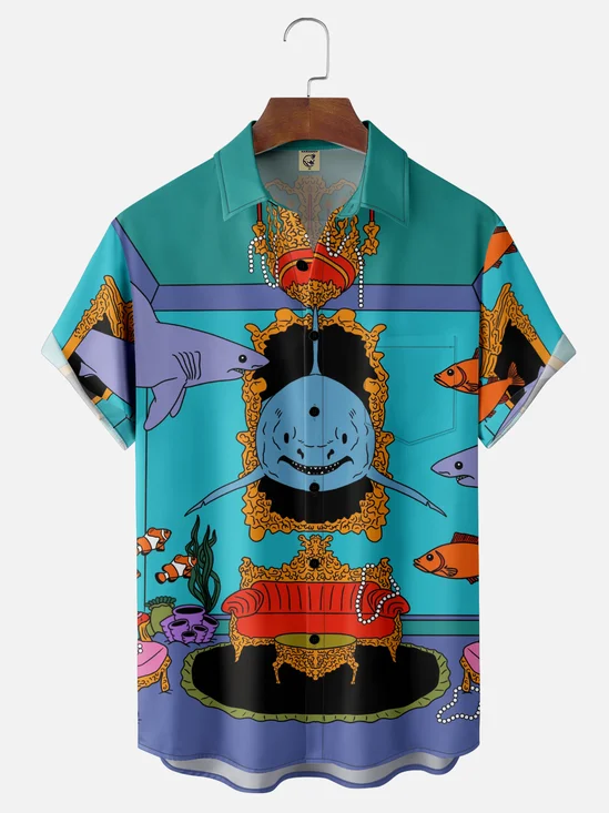 Hardaddy X Artist Janet Johnson Moisture Wicking Abstract Shark Art Painting Chest Pocket Hawaiian Shirt