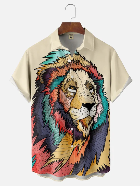 Hardaddy x Stephen Wade Moisture Wicking Abstract Art Lion Chest Pocket Hawaiian Shirt