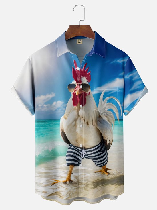 Moisture Wicking Beach Chicken Chest Pocket Hawaiian Shirt