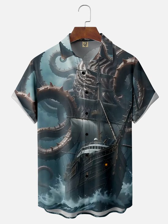 Moisture-Wicking Ombre Abstract Octopus Sailboat Chest Pocket Hawaiian Shirt