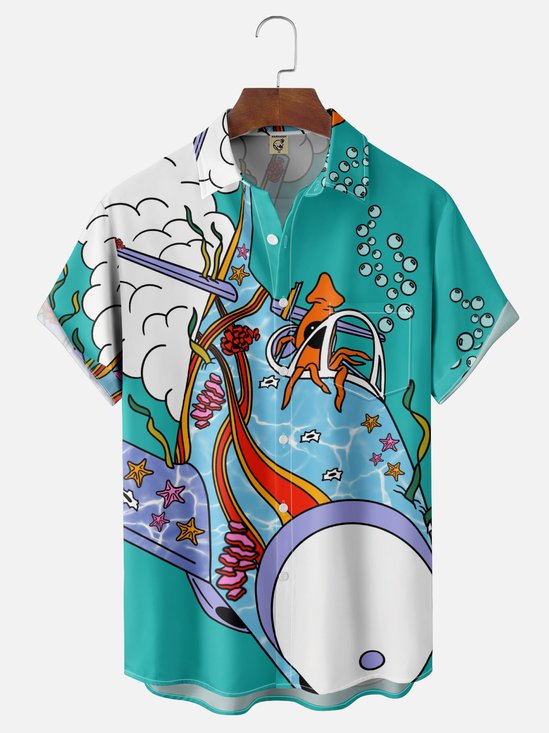 Hardaddy X Artist Janet Johnson Moisture-wicking Marine Plane Octopus Chest Pocket Hawaiian Shirt