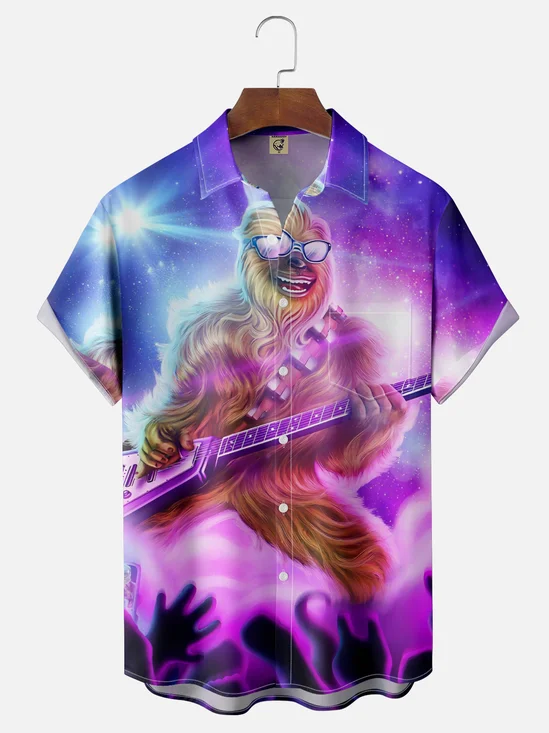 Moisture Wicking Bigfoot Rock Guitar Chest Pocket Hawaiian Shirt