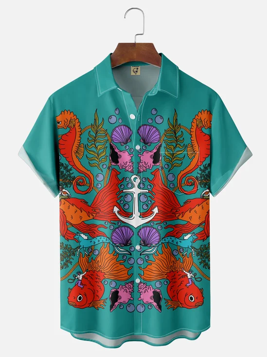 Hardaddy X Artist Janet Johnson Moisture Wicking Abstract Ocean Elements Seahorse Art Painting Chest Pocket Hawaiian Shirt