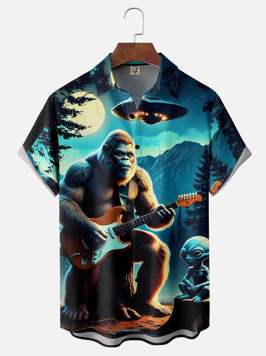 Moisture Wicking UFO Alien Bigfoot Guitar Music Chest Pocket Hawaiian Shirt