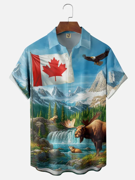 Moisture Wicking Canadian Beaver Moose Chest Pocket Hawaiian Shirt
