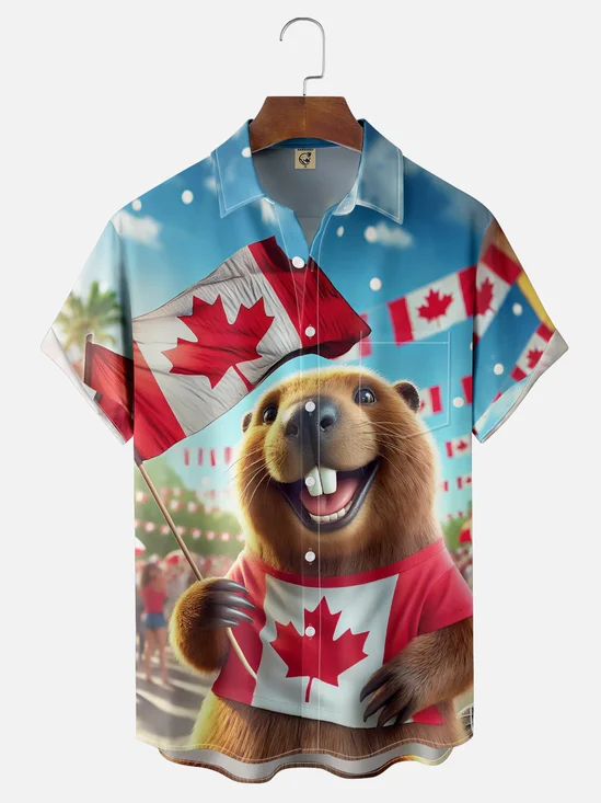 Moisture-Wicking Gradient Canadian Groundhog Maple Leaf Chest Pocket Hawaiian Shirt