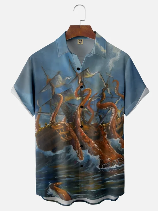 Moisture-Wicking Ombre Abstract Octopus Sailboat Chest Pocket Hawaiian Shirt