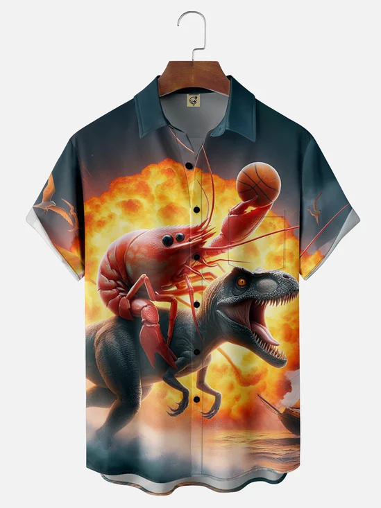 Moisture Wicking Lobster Dinosaur Basketball Chest Pocket Hawaiian Shirt