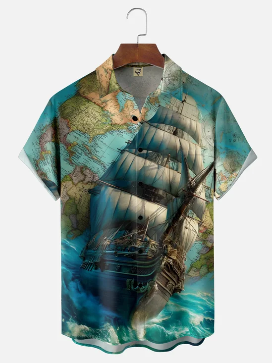 Moisture-Wicking Gradient Abstract Sailboat Map Chest Pocket Hawaiian Shirt