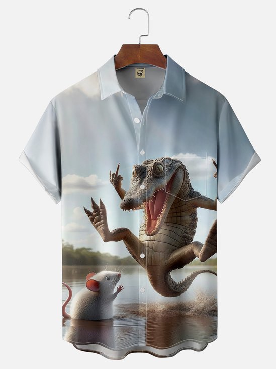Moisture Wicking Funny Croc Mouse Chest Pocket Hawaiian Shirt