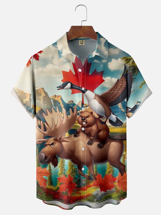Moisture Wicking Beaver Ride Moose Canada Goose Chest Pocket Hawaiian Shirt