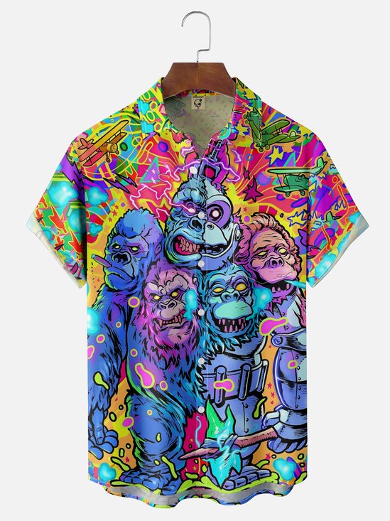 Moisture-wicking Orangutan Cartoon Multicolor Chest Pocket Casual Shirt