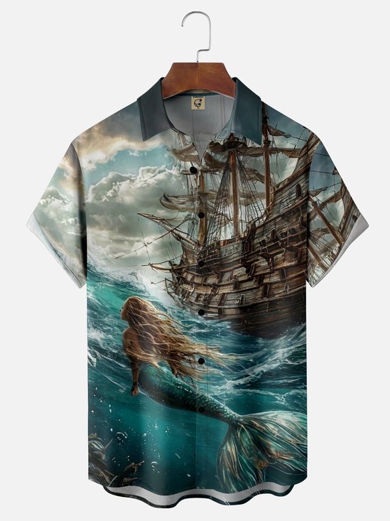 Moisture-wicking Pirate Ship Siren Mermaid Chest Pocket Casual Shirt