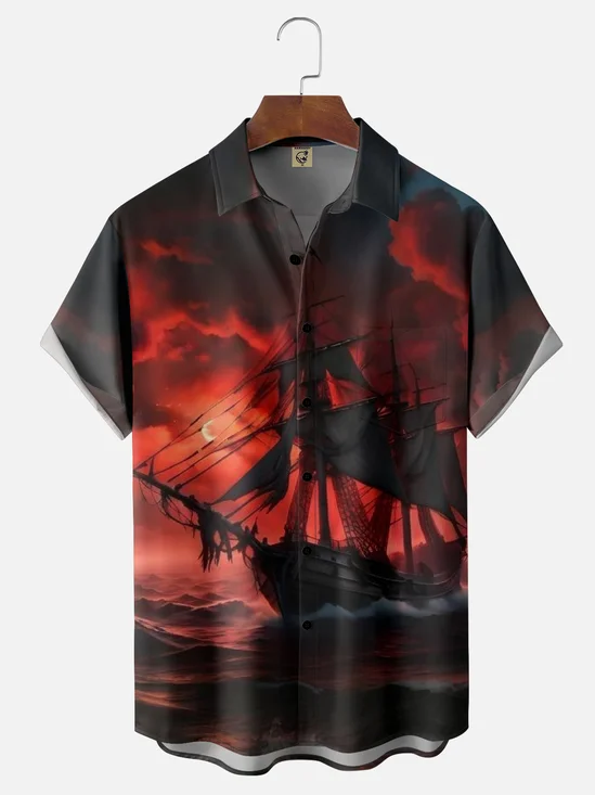 Moisture-wicking Pirate Ship Chest Pocket Casual Shirt