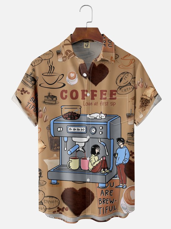 Hardaddy x Kimprut Imut Moisture Wicking Coffee Maker Lettering Cat Chest Pocket Hawaiian Shirt