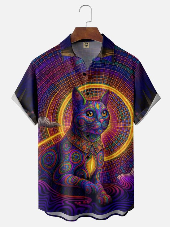 Hardaddy x Yunus Appak Moisture Wicking Art Ombre Color Block Cat Chest Pocket Hawaiian Shirt