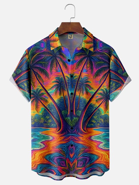 Hardaddy x Yunus Appak Moisture Wicking Artistic Ombre Coconut Tree Beach Chest Pocket Hawaiian Shirt