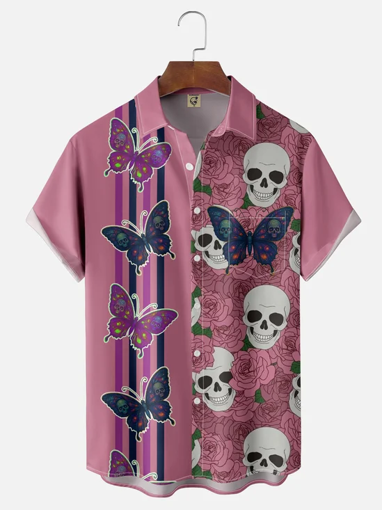 Hardaddy x Yunus Appak Moisture Wicking Art Abstract Skull Rose Butterfly Chest Pocket Hawaiian Shirt