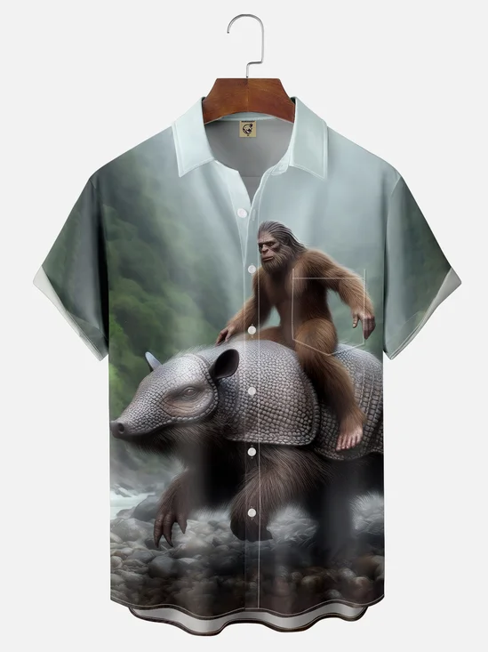 Moisture-wicking Bigfoot vs. Armadillo Fun Chest Pocket Hawaiian Shirt