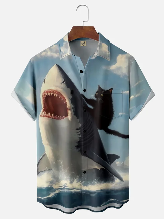 Moisture-wicking Crazy Cat Shark Fun Chest Pocket Hawaiian Shirt