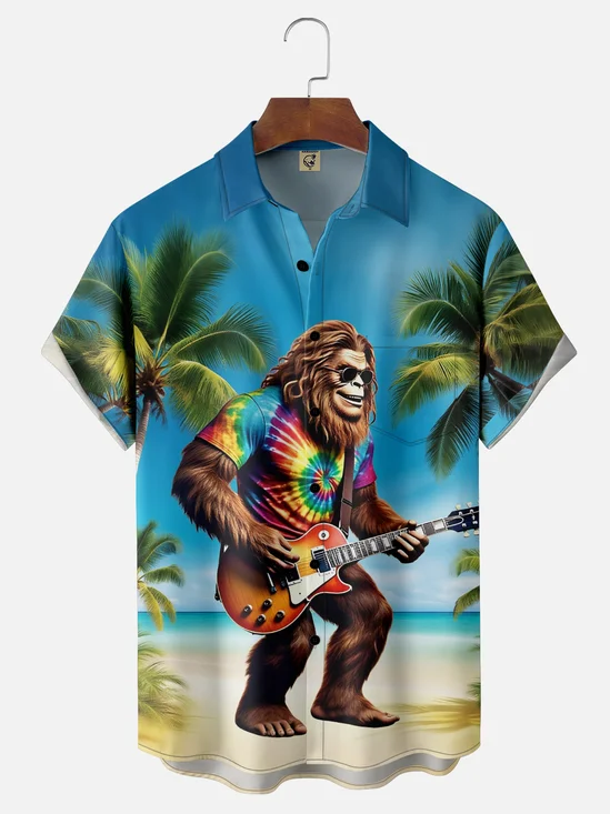Moisture Wicking Hippie Bigfoot Guitar Coconut Tree Chest Pocket Hawaiian Shirt