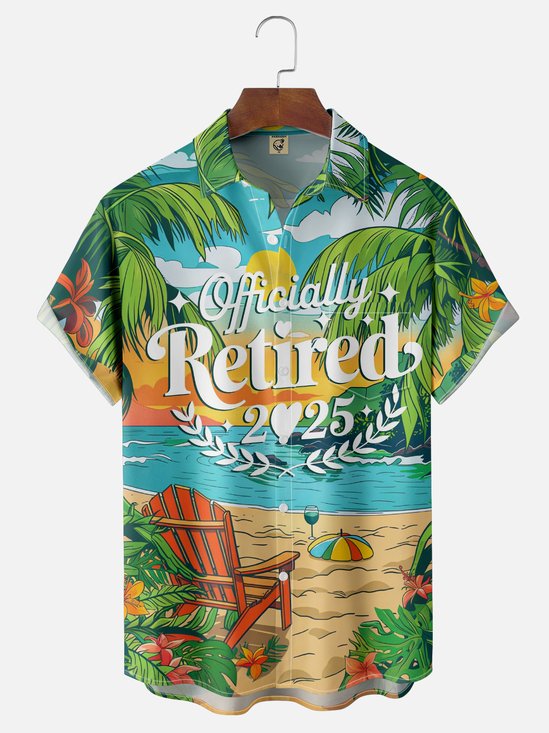 Moisture-wicking Palm Tree Officially Retired Chest Pocket Hawaiian Shirt