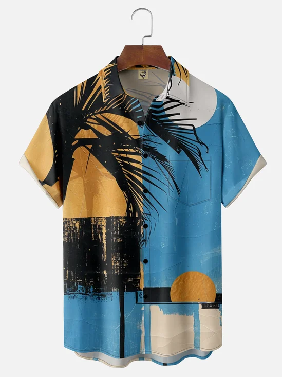Moisture-wicking Palm Tree Abstract Art Chest Pocket Hawaiian Shirt