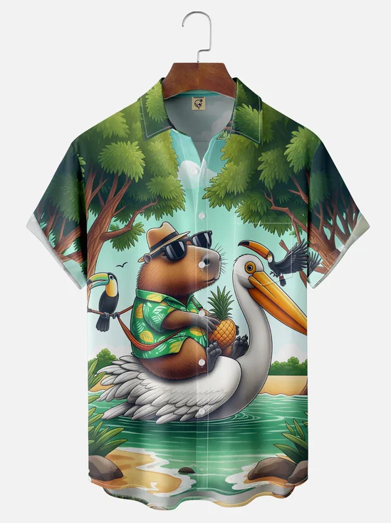 Moisture Wicking Capybara Parrot Beach Chest Pocket Hawaiian Shirt