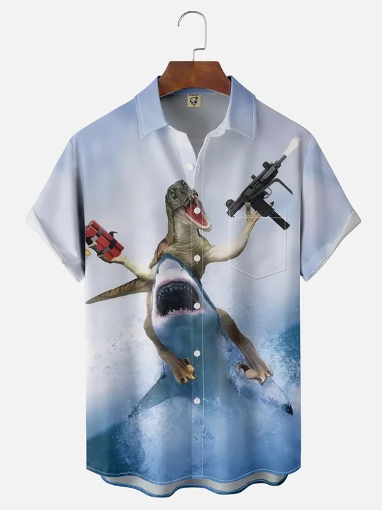 Moisture-wicking Crazy Shark Dinosaur Fun Chest Pocket Hawaiian Shirt
