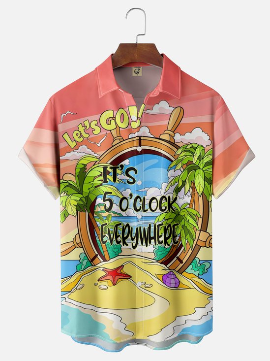 Moisture-wicking Palm Tree Its 5 O'Clock Everywhere Chest Pocket Hawaiian Shirt