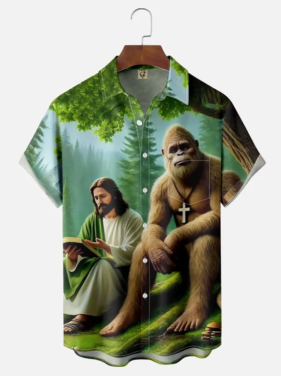 Moisture-wicking Bigfoot and Jesus Religious Chest Pocket Hawaiian Shirt