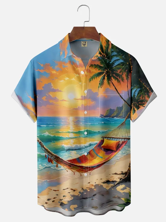 Moisture-wicking Fun Coast Hammock Sunset Chest Pocket Hawaiian Shirt