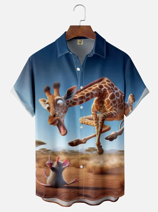 Moisture-wicking Mouse Scared Giraffe Chest Pocket Hawaiian Shirt