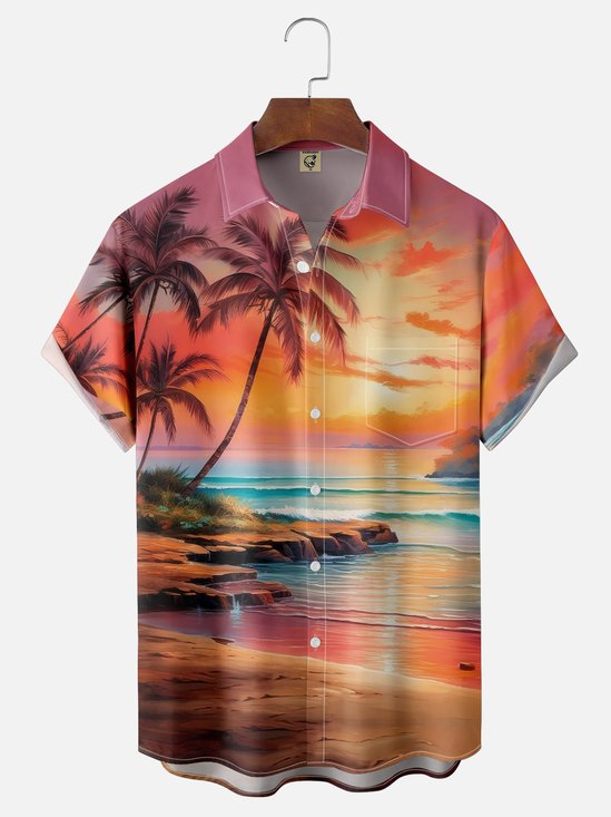 Moisture-wicking Fun Coast Sunset Chest Pocket Hawaiian Shirt
