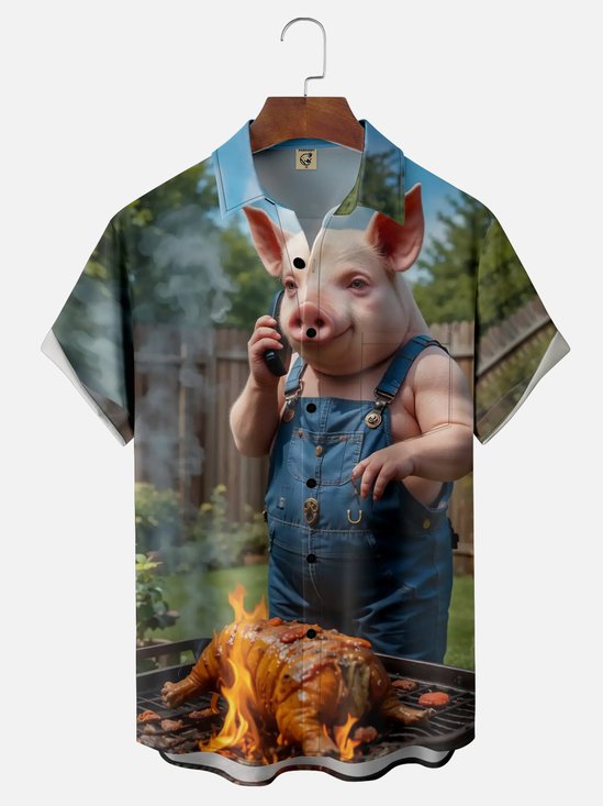 Moisture-wicking BBQ Party Pig Chest Pocket Casual Shirt