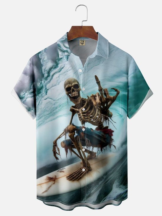 Moisture-wicking Skeleton Surfing Fun Chest Pocket Hawaiian Shirt