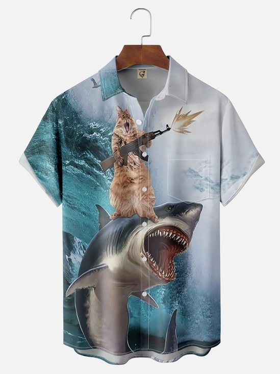 Moisture-wicking Crazy Shark Cat Fun Chest Pocket Hawaiian Shirt