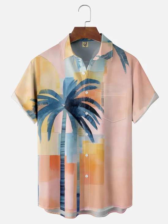 Moisture-wicking Coconut Tree Abstract Art Chest Pocket Hawaiian Shirt