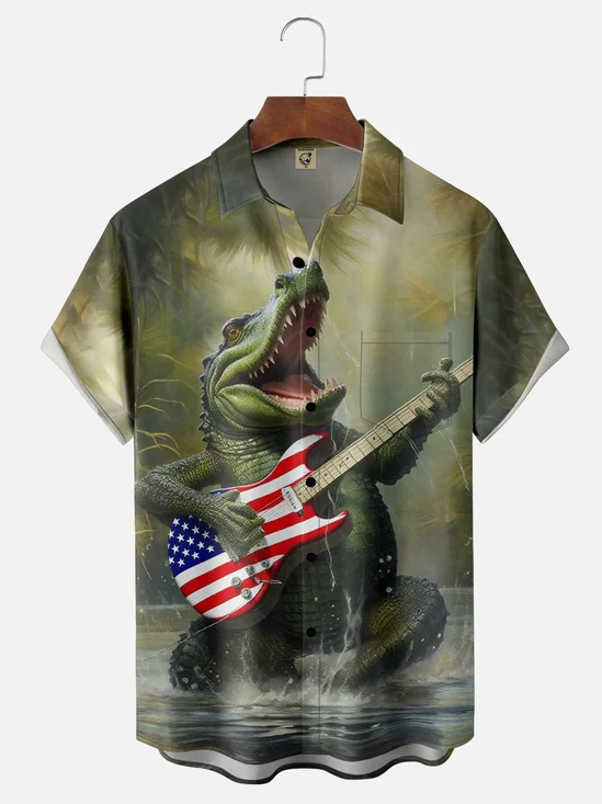 Moisture Wicking American Flag Guitar Alligator Chest Pocket Hawaiian Shirt