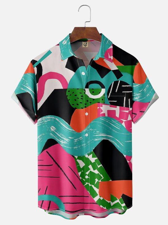 Moisture Wicking Geometric Color Block Chest Pocket Hawaiian Shirt