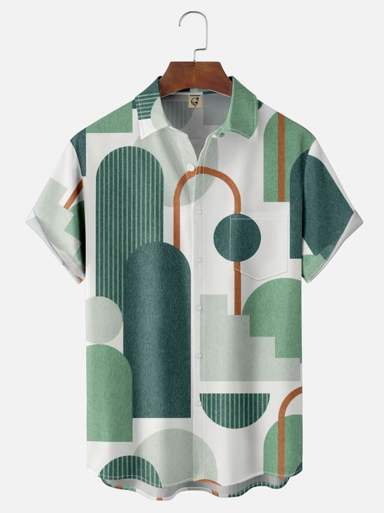 Moisture Wicking Geometric Color Block Chest Pocket Hawaiian Shirt