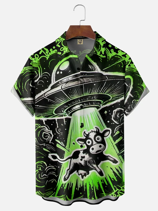 Moisture Wicking Funny UFO Cow Chest Pocket Hawaiian Shirt