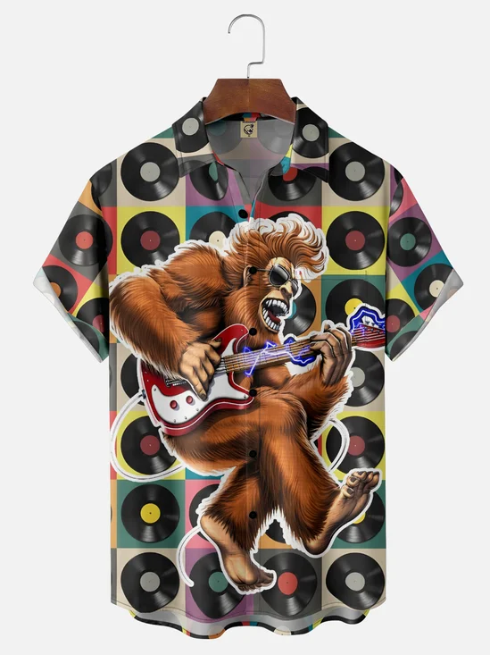 Moisture-Wicking Vintage Records Rock Bigfoot Guitar Chest Pocket Hawaiian Shirt