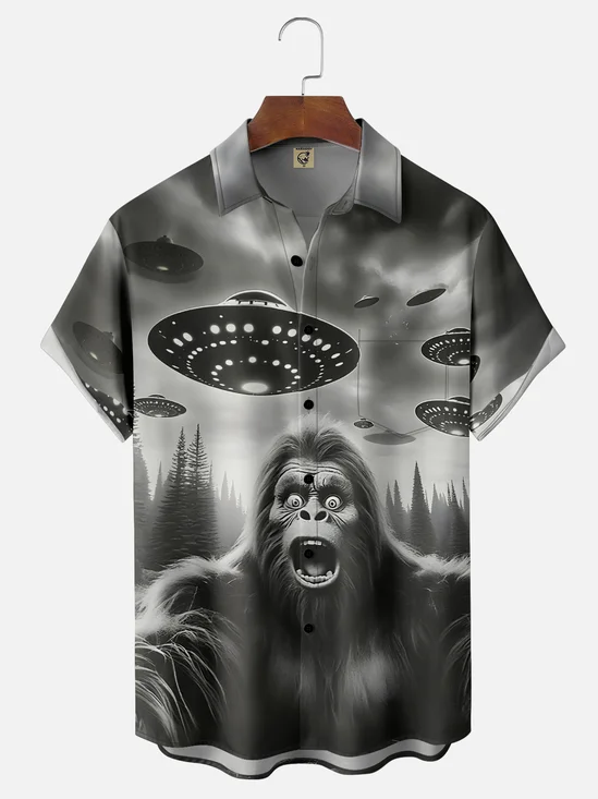 Moisture wicking Funny UFO Bigfoot Chest Pocket Hawaiian Shirt