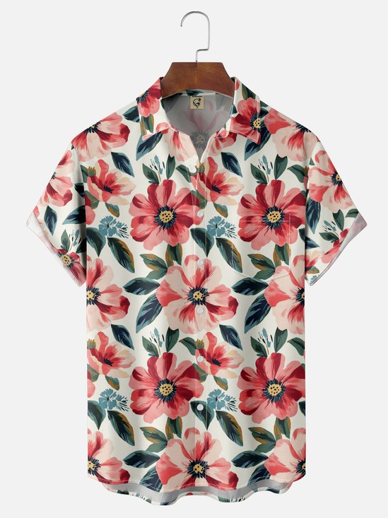Moisture Wicking Tropical Flora Chest Pocket Hawaiian Shirt