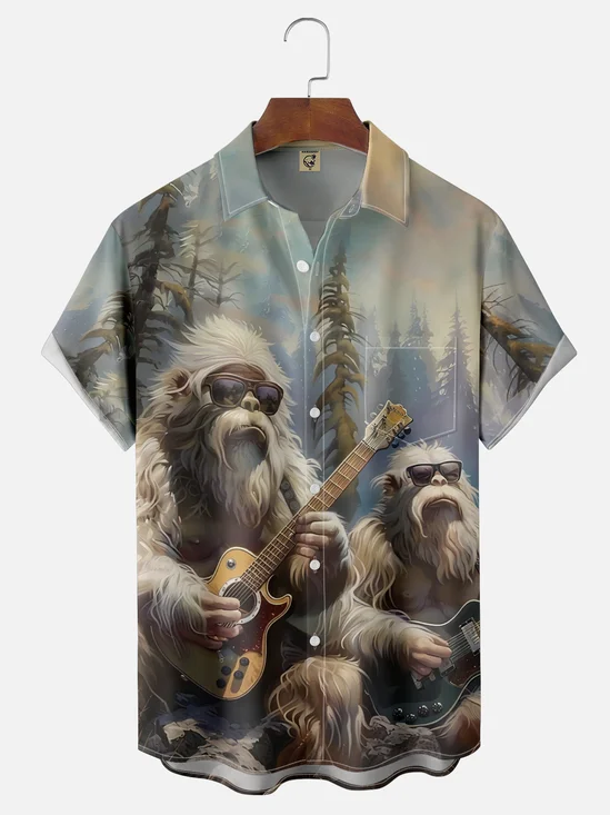 Moisture Wicking Guitar Bigfoot Chest Pocket Hawaiian Shirt