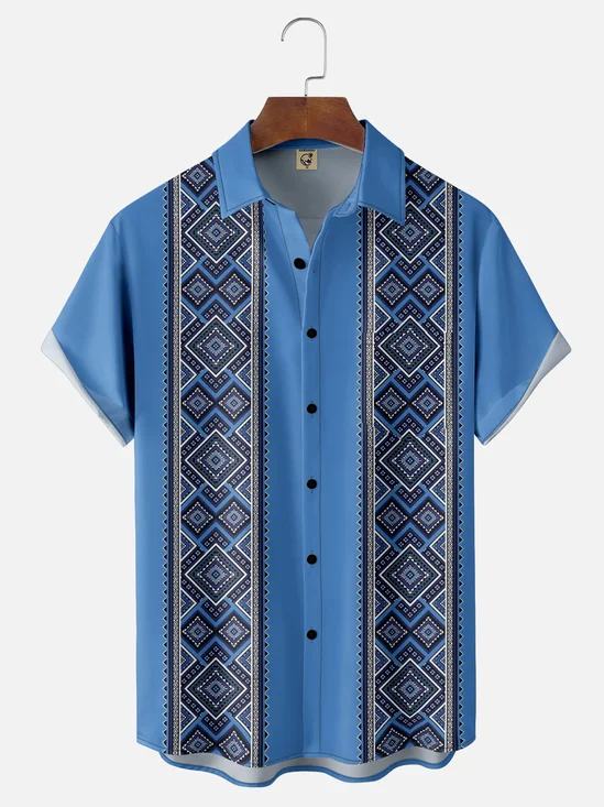 Moisture Wicking Stripes Geometric Chest Pocket Hawaiian Shirt